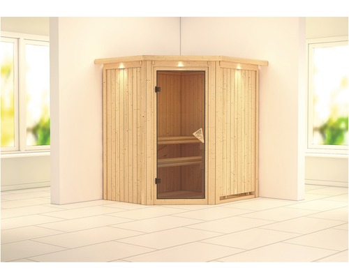 Plug & Play Sauna Karibu Achat III zonder kachel, met dakkroon en gebronsde volledig glazen deur