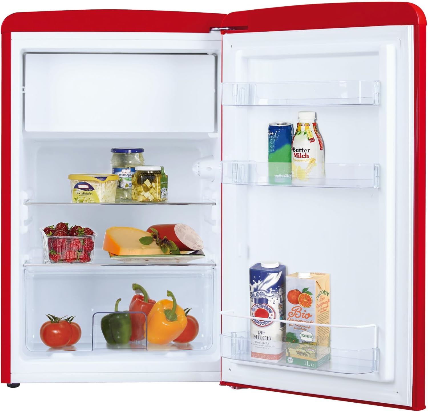 Amica KSR 361 160 R Kühlschrank mit Gefrierfach/Chili Red (Rot) / 88cm Höhe/Retro-Design/LED-Beleuchtung/Gemüseschublade