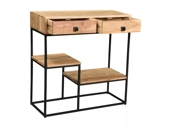 Console avec rangements 2 tiroirs en bois massif et métal noir L80 cm GRENELLE
