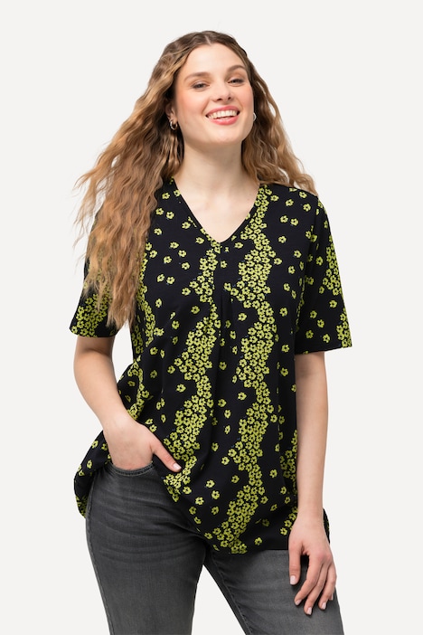 T-Shirt, Blüten, Zierfalten, V-Ausschnitt, Halbarm