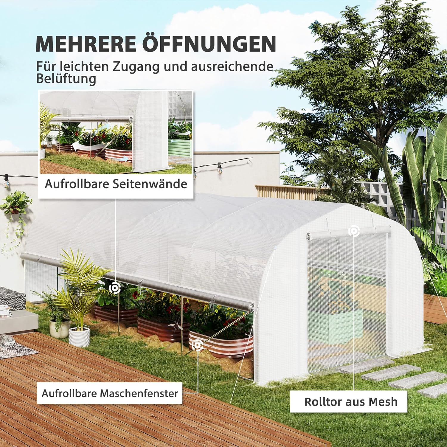 Outsunny Gewächshaus 6 x 3 x 2 m Foliengewächshaus mit 8 Fenster & Tür, Aufrollbar Seitenwänden, UV-beständiger Folientunnel Tomatenhaus mit verzinkten Stahlrahmen, Weiß