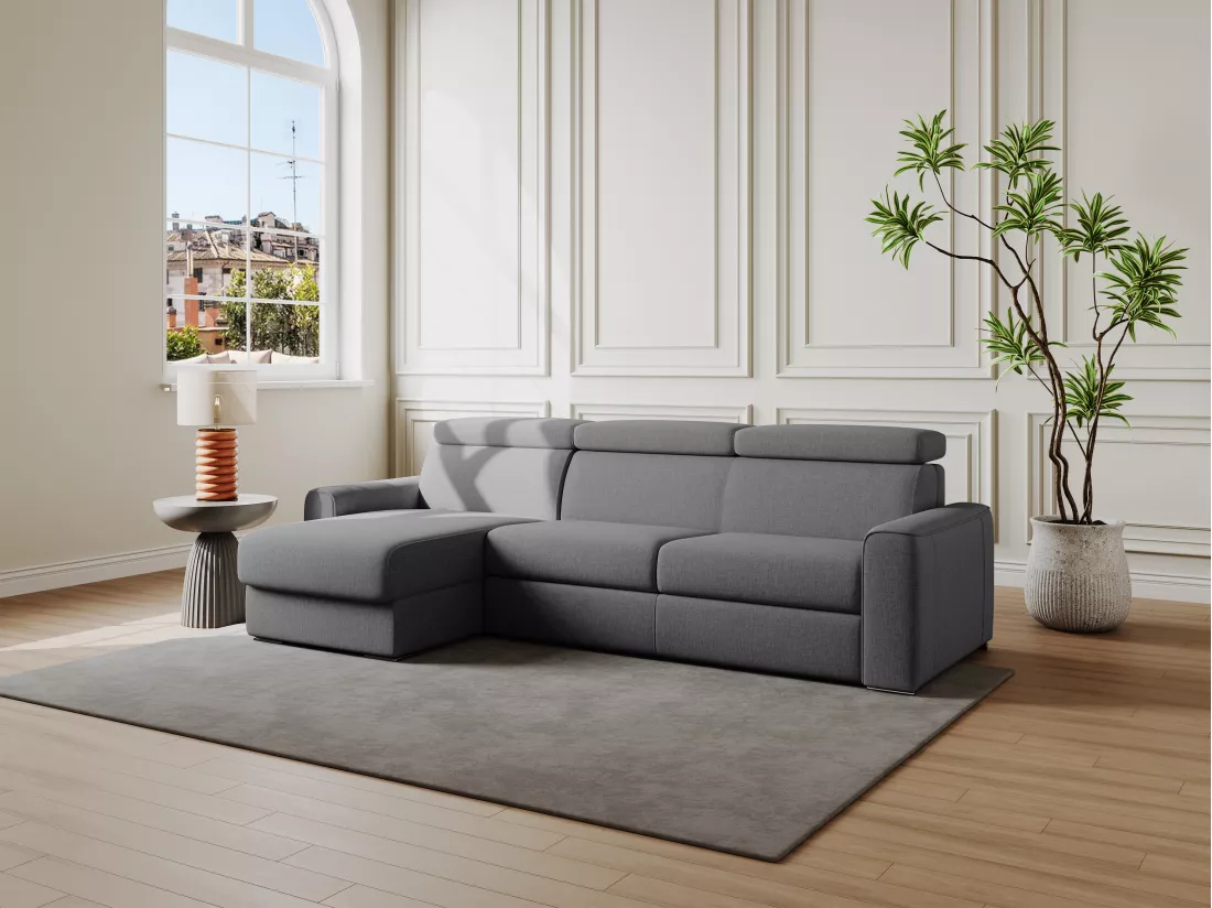 Canapé d'angle réversible convertible express en tissu gris - Couchage 140 cm - Matelas 22 cm mémoire de forme - VIZIR
