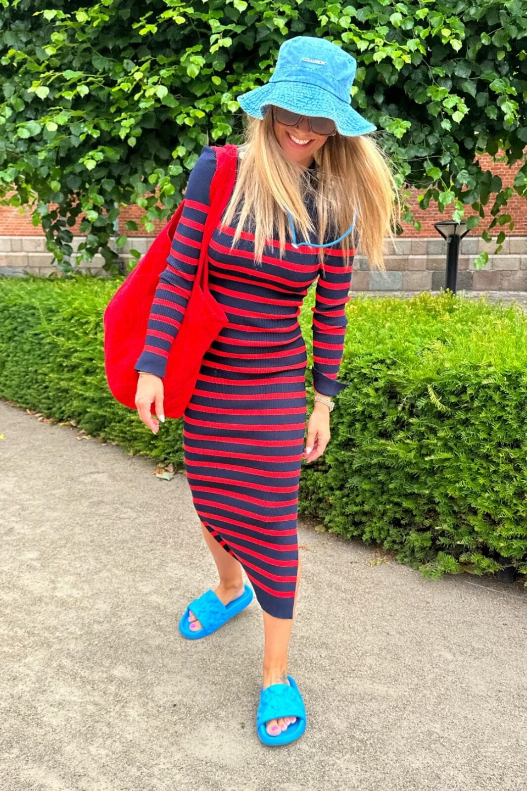 Valentin Studio Gold Button Knit Long Dress navy red stripe