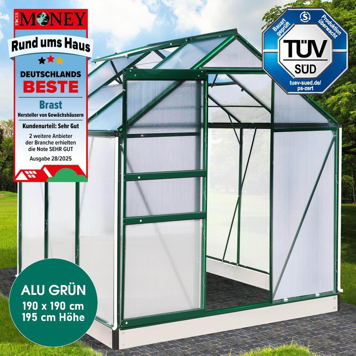 BRAST Gewächshaus Aluminium mit Fundament | 42 Modelle | 130x190x195cm - 490x250x235cm | TÜV geprüft | 6mm Hohlkammerplatten | rostfrei wetterfest temperaturbeständig | 190x190x195cm Grün