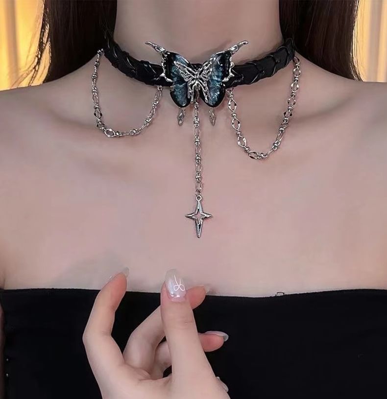 Lilafey - Vlinderster gelaagde legering imitatieleren choker