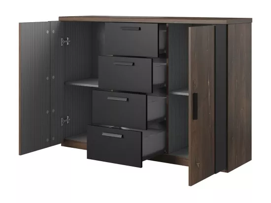 Commode design 2 portes et 4 tiroirs – 130 cm – Chêne foncé et noir – Collection FOX