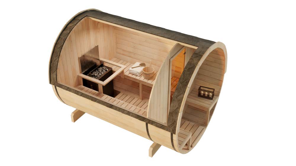 FinnTherm Carrie barrelsauna met 2 houten banken, wanddikte 42 mm, buitensauna met montagemateriaal, natuurlijke afwerking