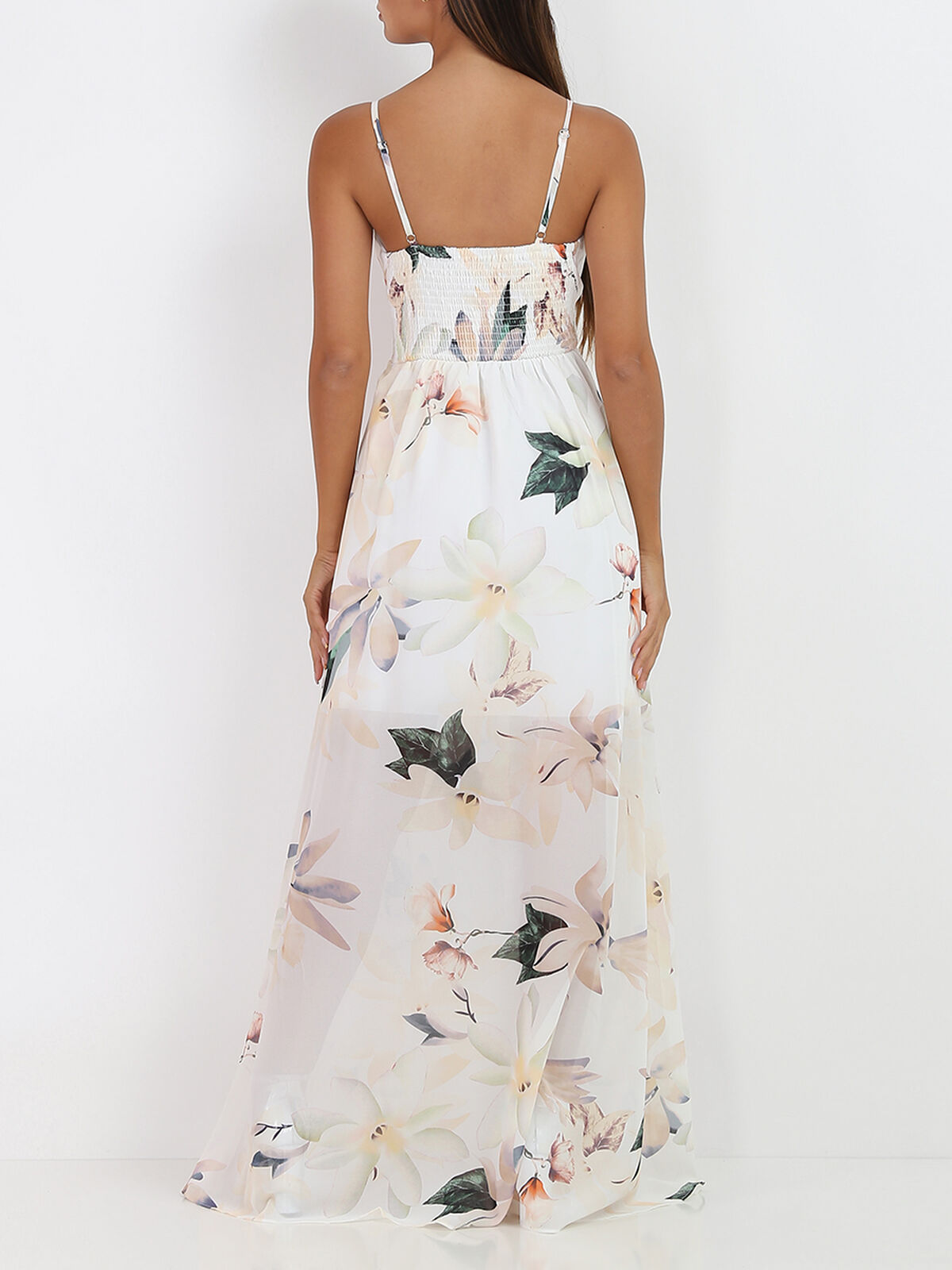 Robe longue fendue asymétrique à fleurs- Blanc
