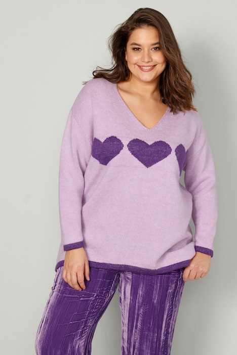 Pullover, oversized, Herzen, V-Ausschnitt, Langarm