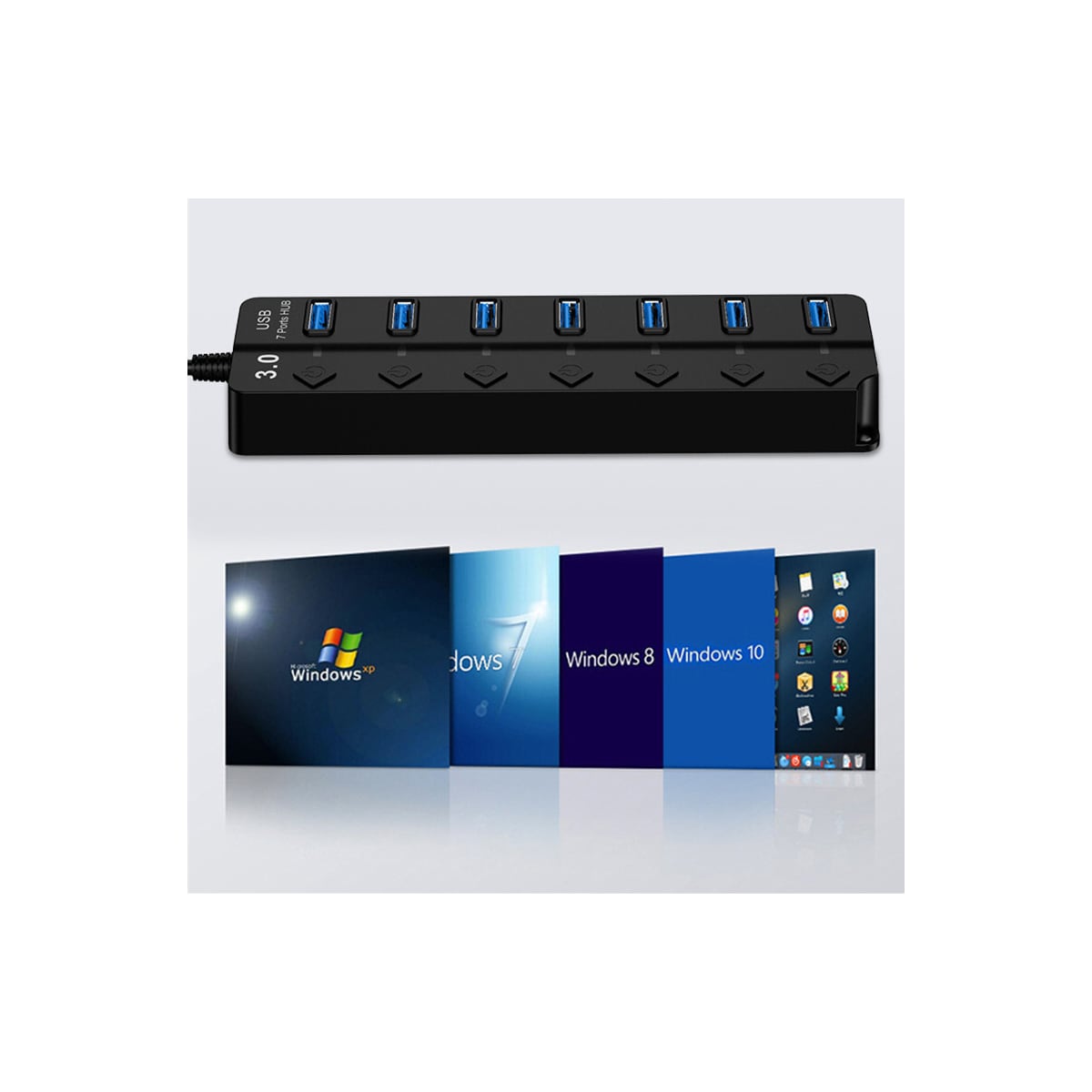 Hub med 7 USB 3.0-utganger, 5 Gbps og individuelle av/på-knapper