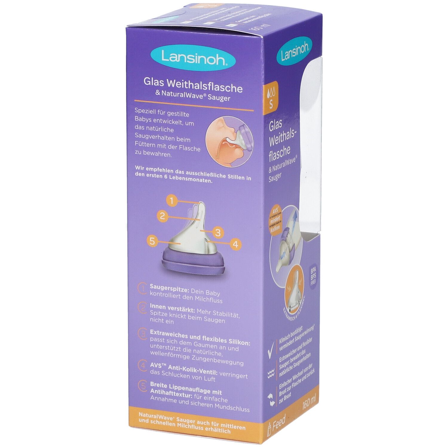 Lansinoh mOmma Glas Babyflasche 160ml mit Natural Wave Silikonsauger S