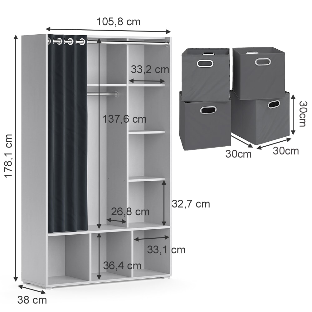 Vicco Kleiderschrank Schlafzimmerschrank Garderobe Luigi Hellgrau Faltbox 106 x 178 cm modern Schrankregal Organizer Vorhang Kleiderstange Fächer Aufbewahrung Ablage