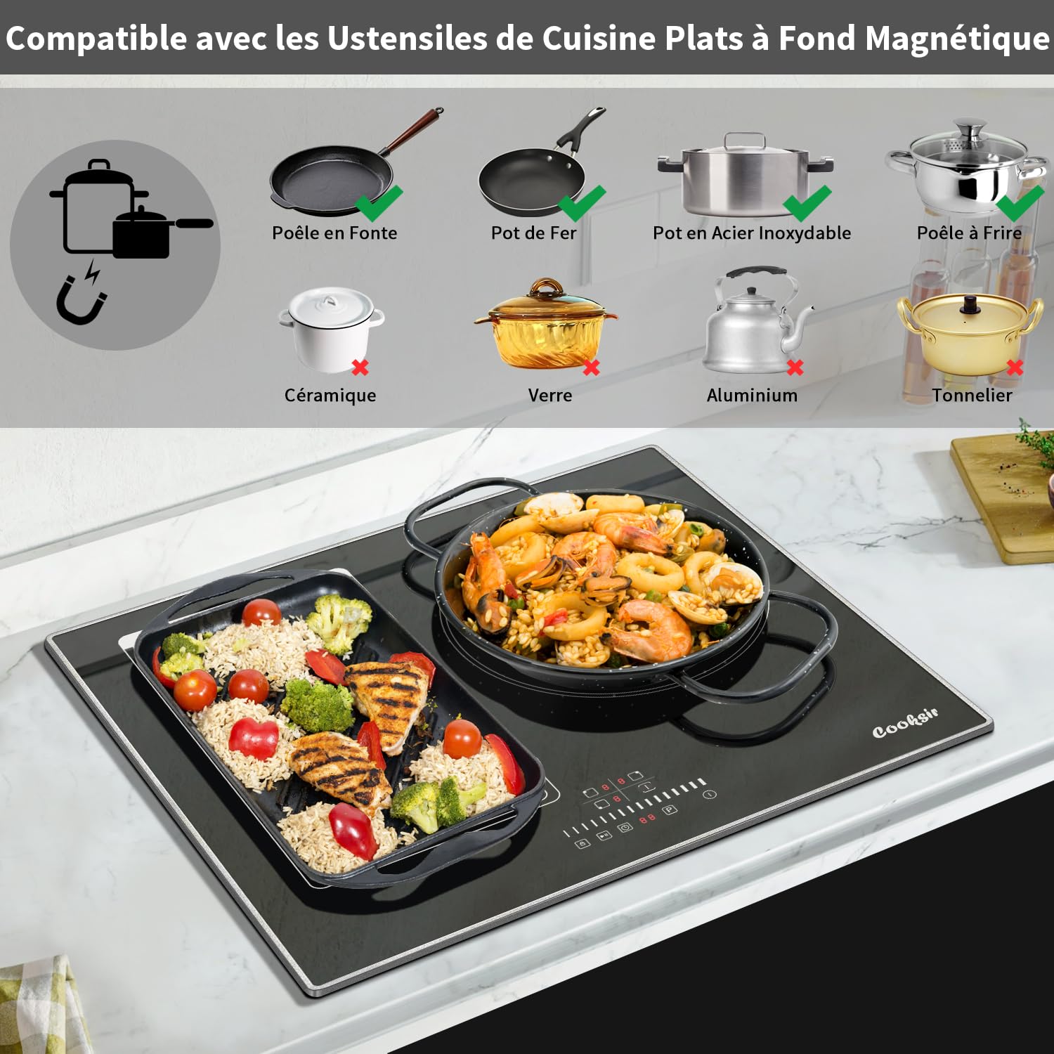 Cooksir Plaque Induction 3 Feux avec Cadre, Table de Cuisson Induction 60cm Encastrable, 6800W, Commande Tactile à Curseur, Bord Inox, Zone Flexibles