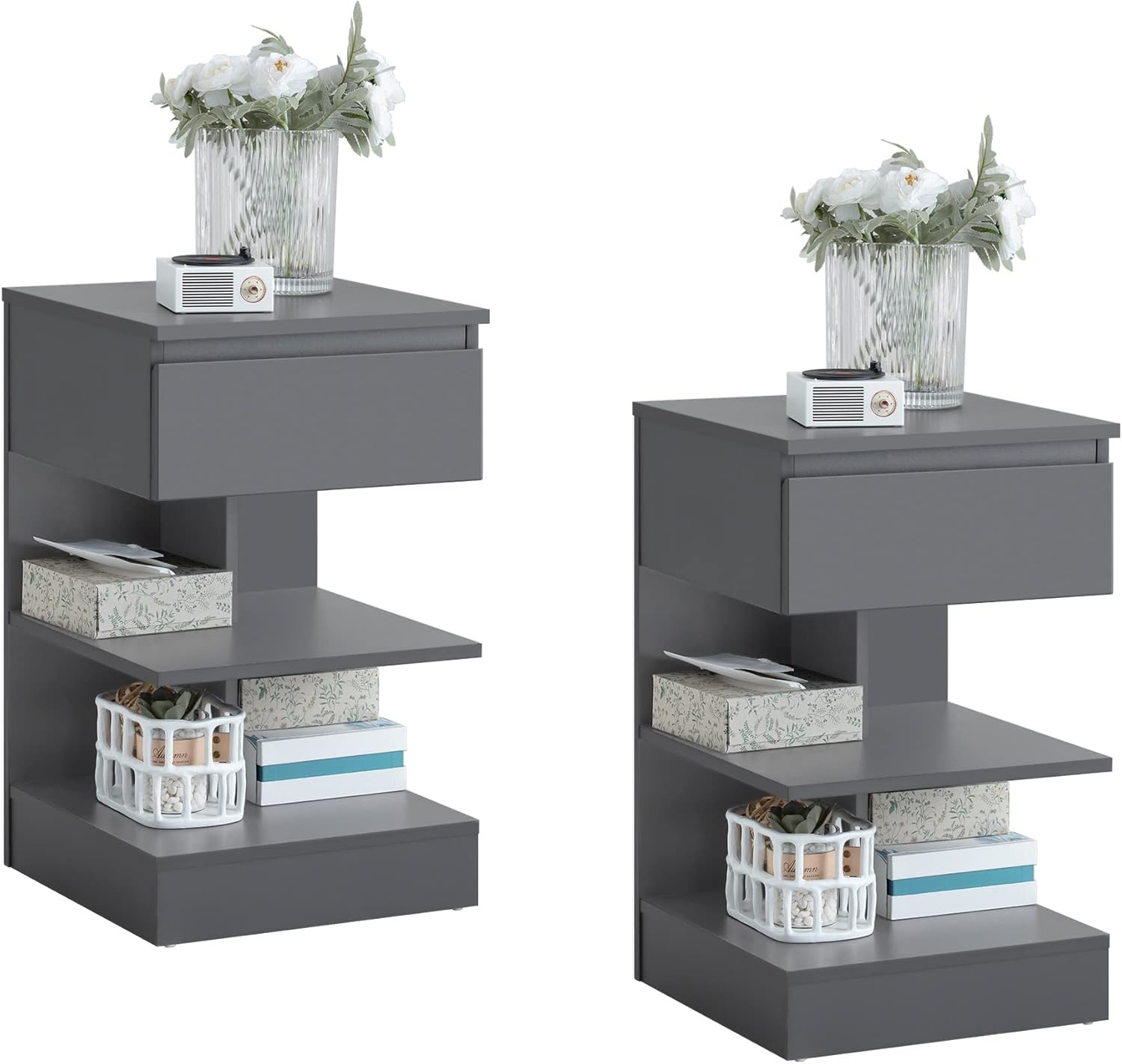 SoBuy 2er Set Nachttisch schmal, Nachtschrank mit 1 Schublade und 2 Ablagen, Moderner Beistelltisch, Aufbewahrungsschrank für das Schlafzimmer, Bedside Table B39 x T39 x H65 cm Grau FBT49-HGx2