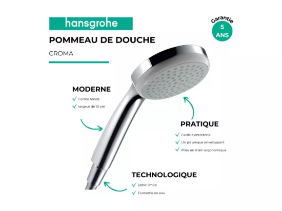 Pommeau de douche HANSGROHE Croma 100 EcoSmart chromé + flexible de douche HANSGROHE Designflex 200 cm chromé