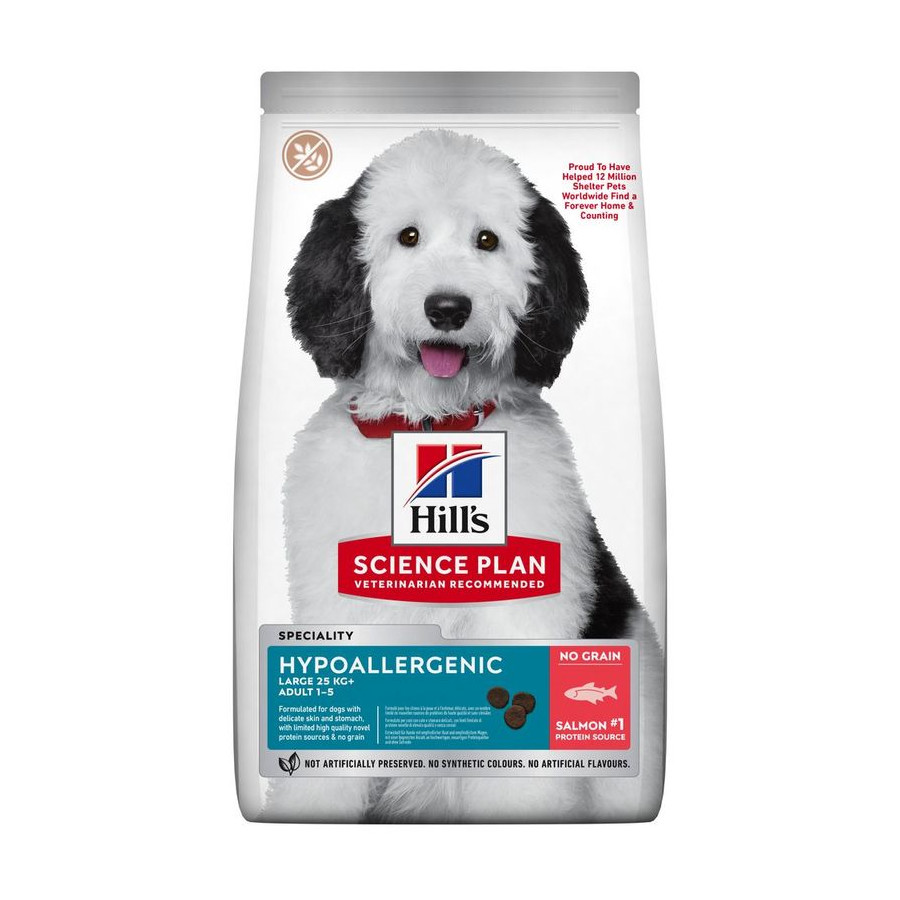 Ração para cães Hill's Science Plan, hipoalergênica, tamanho grande, com salmão.