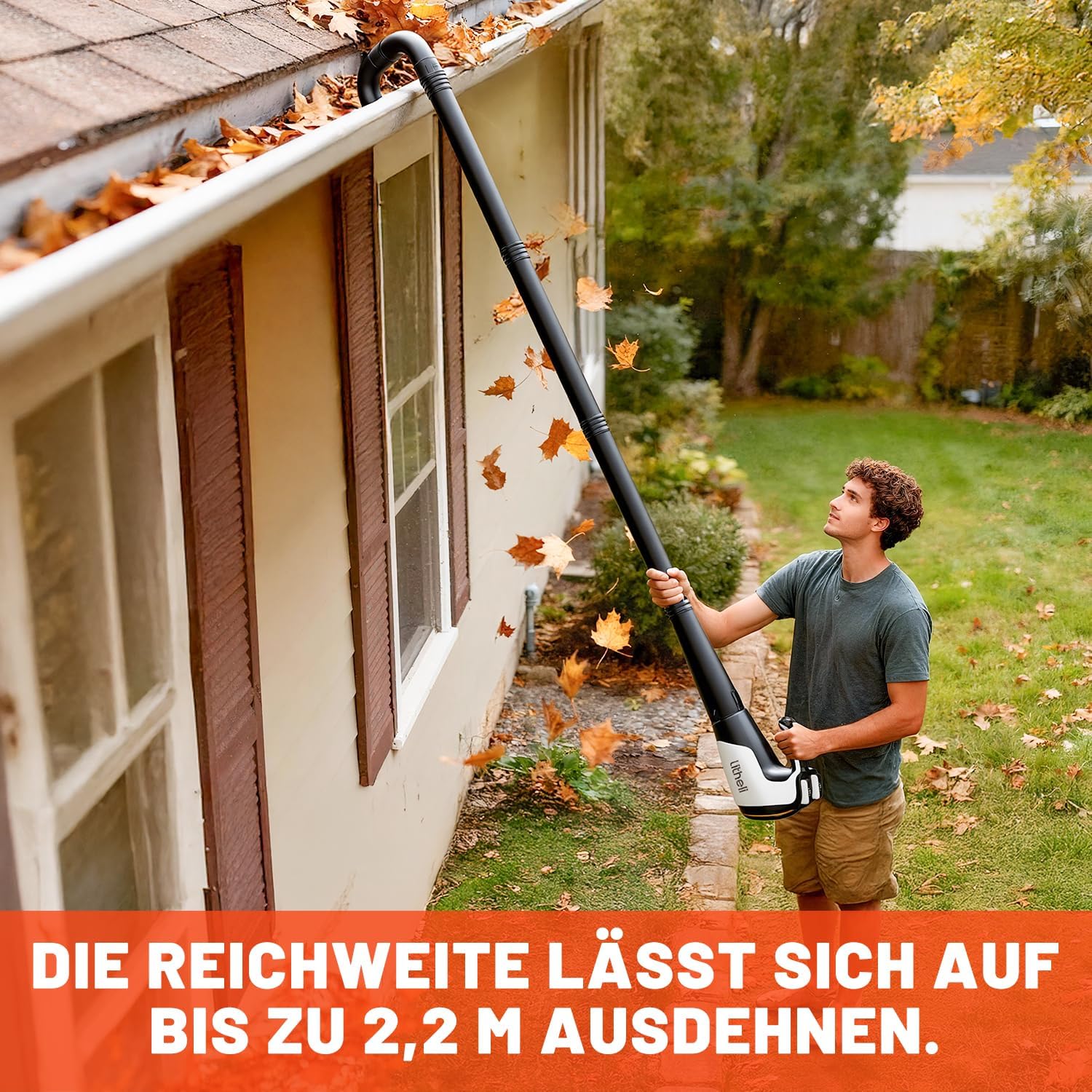 Litheli Akku Laubbläser mit Dachrinnen-Reinigungsset, Bürstenloser Laubbläser mit Turbolader, 180 km/h Luftgeschwindigkeit, 973 m³/h Luftdurchsatz, werkzeuglose Montage, 2,2 m Verlängerung, für Garten
