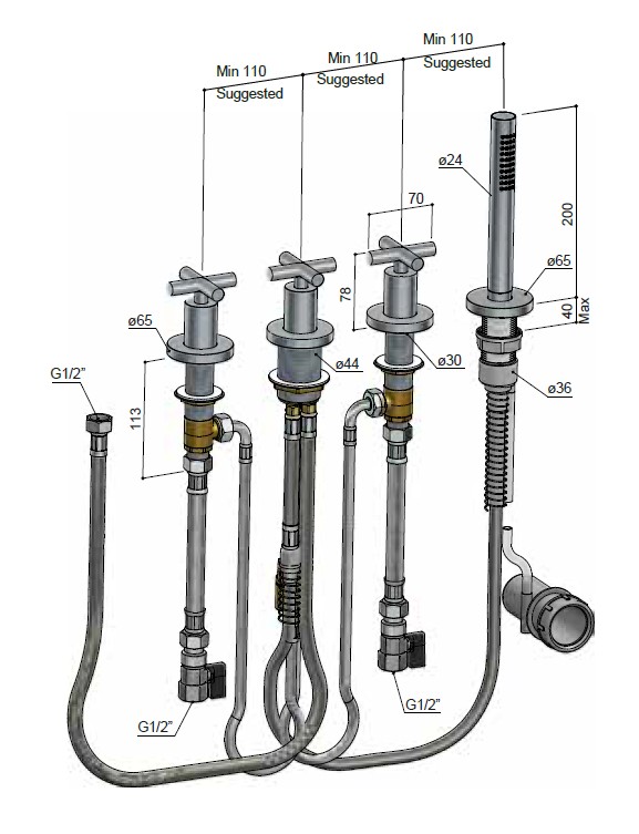 Hotbath Chap badrandcombinatie met 2 stopkranen geborsteld messing PVD