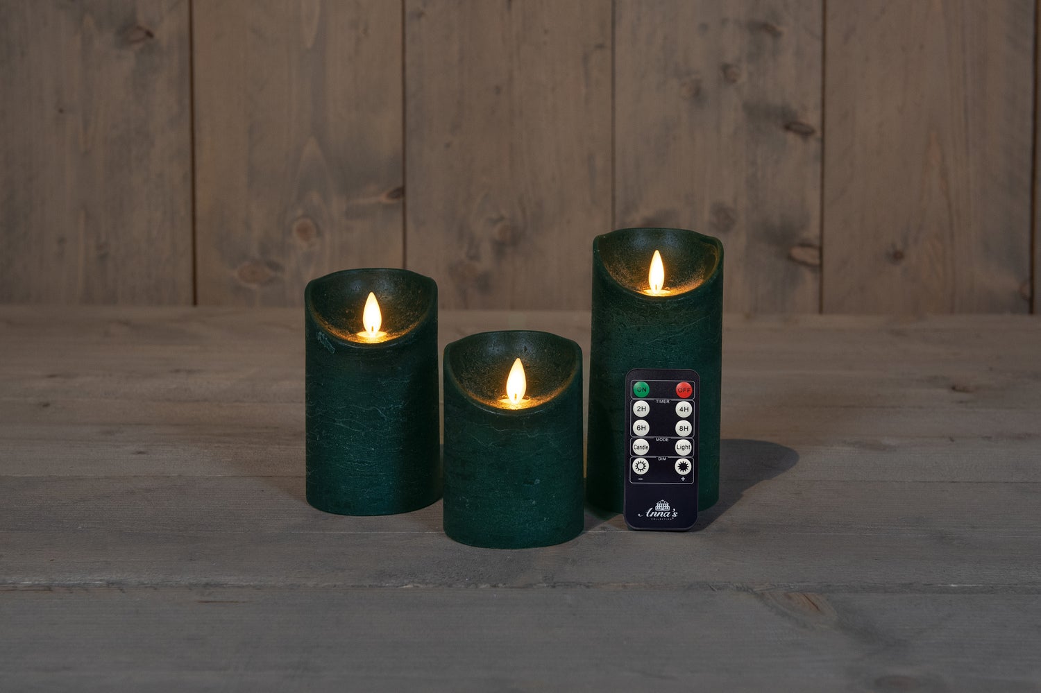 Anna's Collection LED stompkaars Rustiek groen D 7,5 H 10 / 12,5 / 15 cm 3 stuks