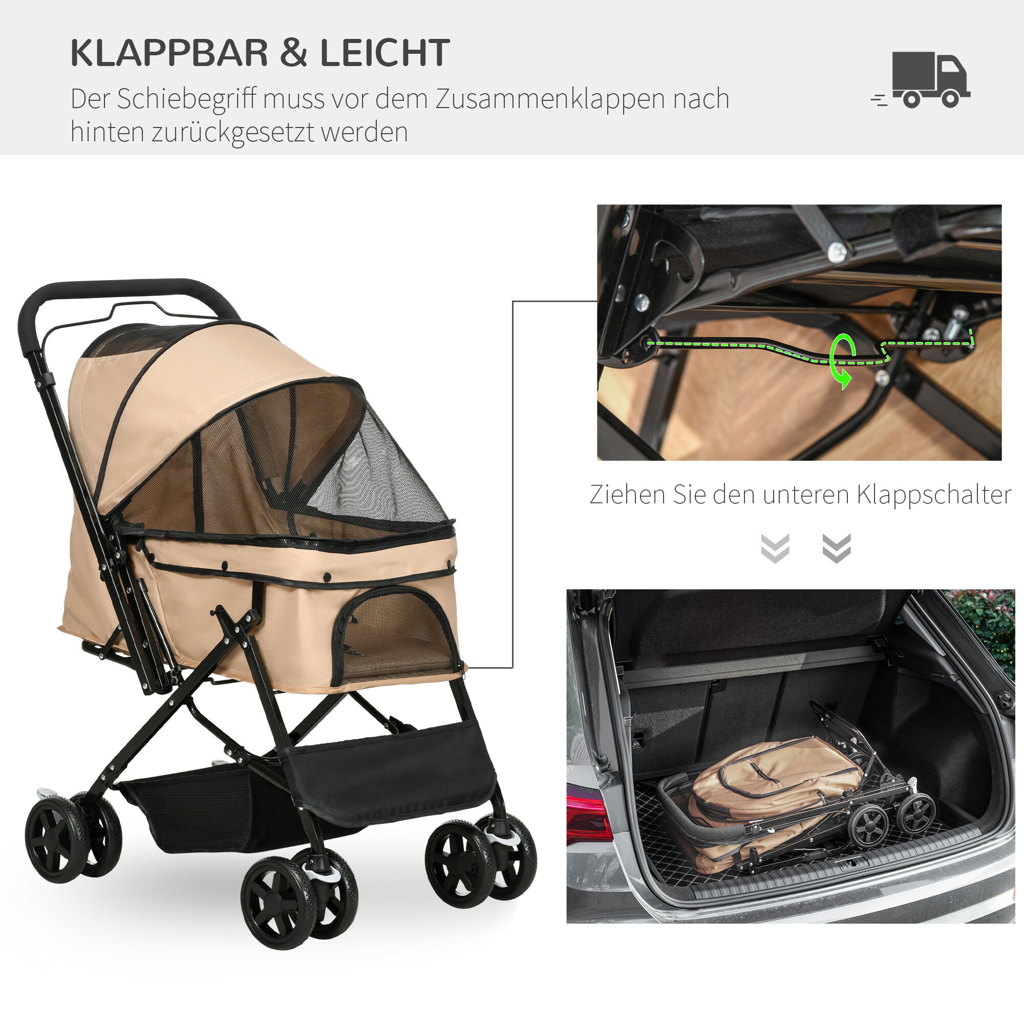 PawHut Hundebuggy mit Faltfunktion braun 76,5L x 52B x 95H cm