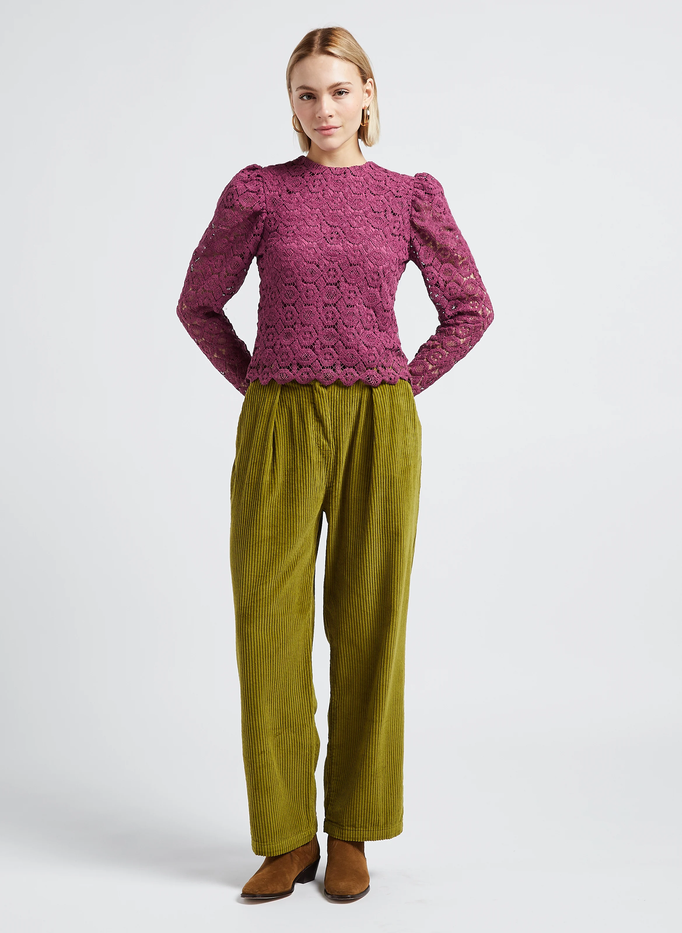 CAMERON - Pantalon droite en velours de coton côtelé| Vert