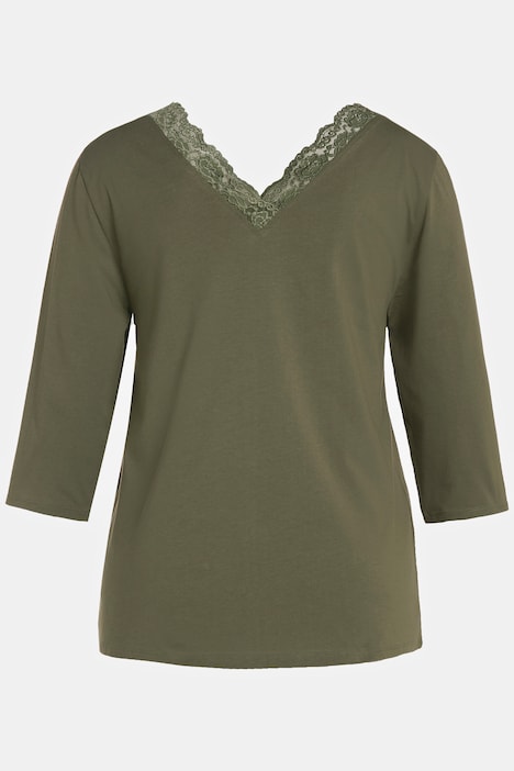 Pyjamashirt, Spitze, V-Ausschnitt, 3/4-Arm