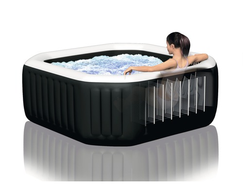 Intex Pure Spa 79 Octagon Bubble Jet 128458 opblaasbare jacuzzi voor maximaal 4 personen met geïntegreerde kalkbescherming en zoutwatersysteem, 4 krachtige jetjets, thermisch grondzeil, thermische afdekking, 2 opblaasbare hoofdsteunen, zwart
