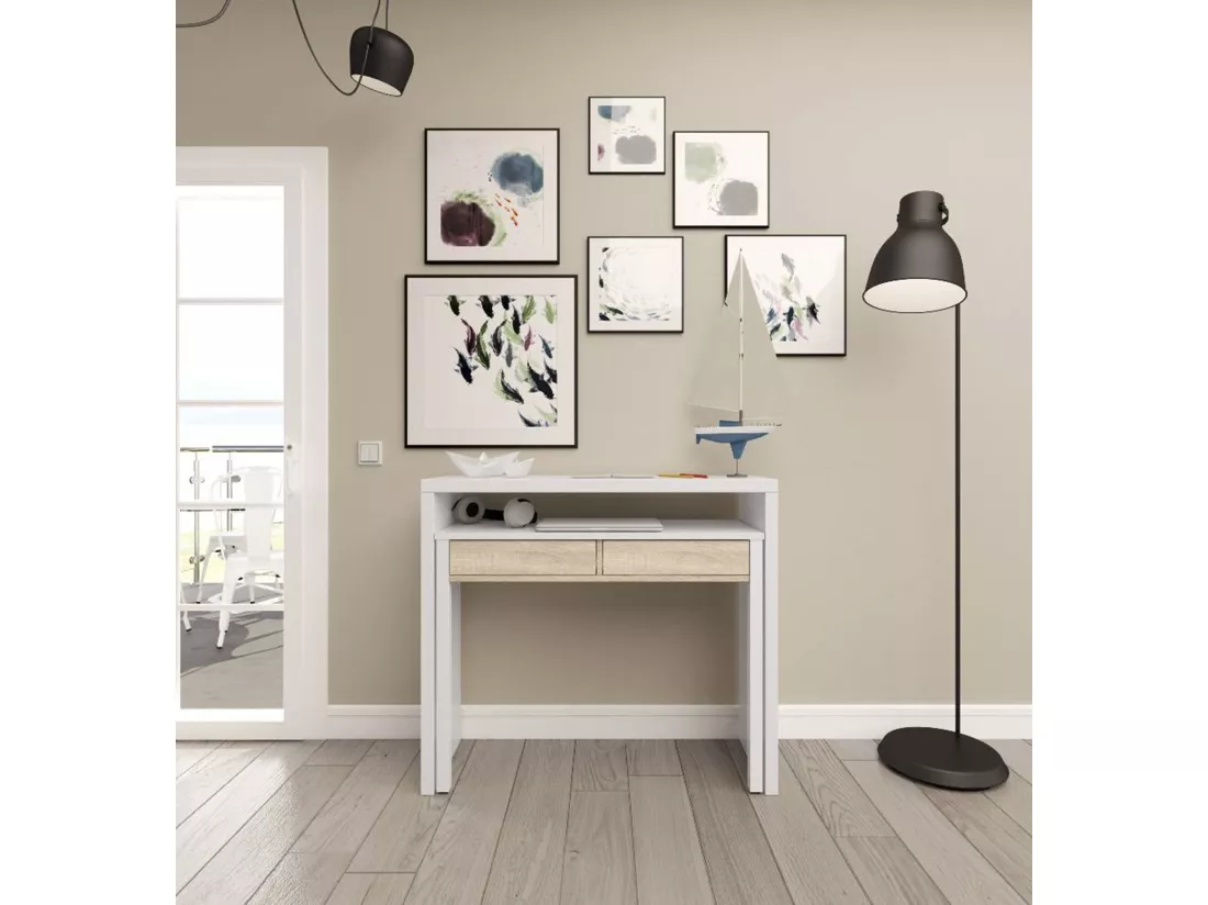 Bureau Billings, Bureau avec plateau extensible, Bureau PC avec 2 tiroirs, 99x36h88 cm, Blanc et Chêne