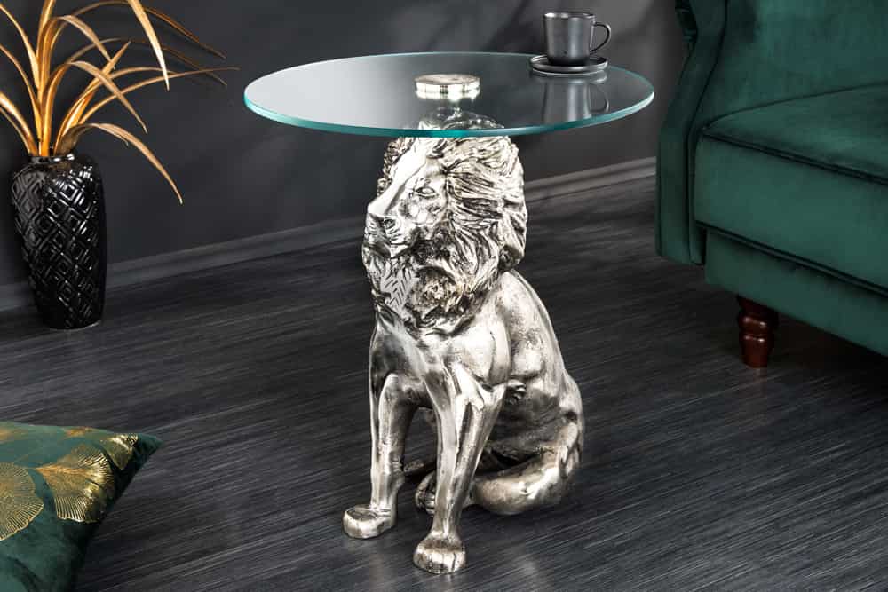 Runder Beistelltisch WILDLIFE LION 60cm silber antik Metall Glas Löwen Skulptur