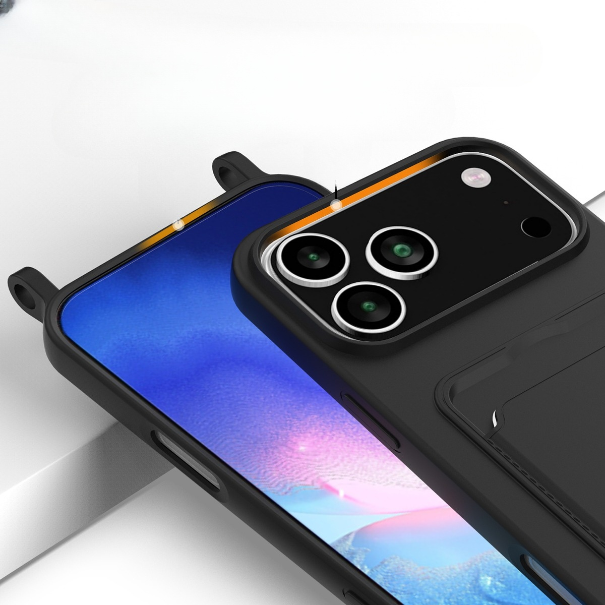 iPhone 17 Pro Necklace Silikon Hülle mit Kartenfach   Handykette (160cm) - Schwarz