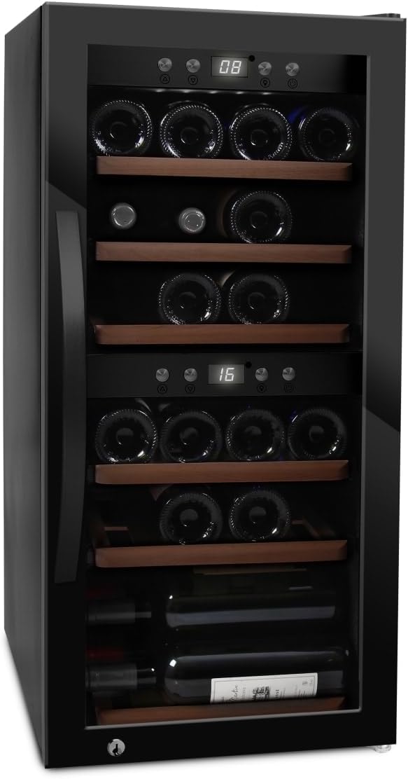 mQuvée Weinkühlschrank freistehender, WineExpert 24 Fullglass Black, schwarz, Platz für 24 Flaschen, stilvollen Weinkühler, Glastür mit UV-Schutz, Zwei Temperaturzonen einstellbar
