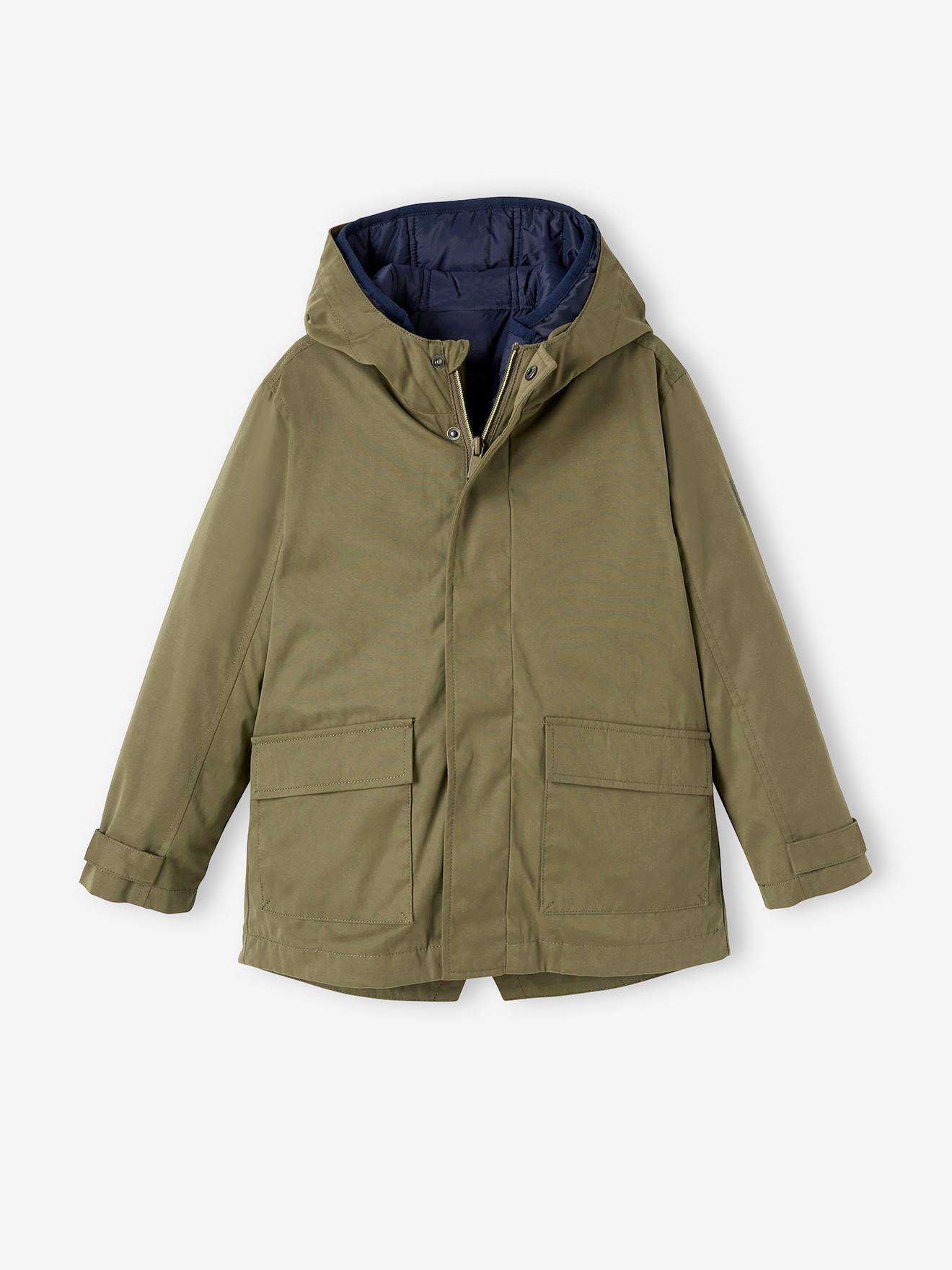 Parka 3 em 1 para meninos, verde-escuro liso com estampas.