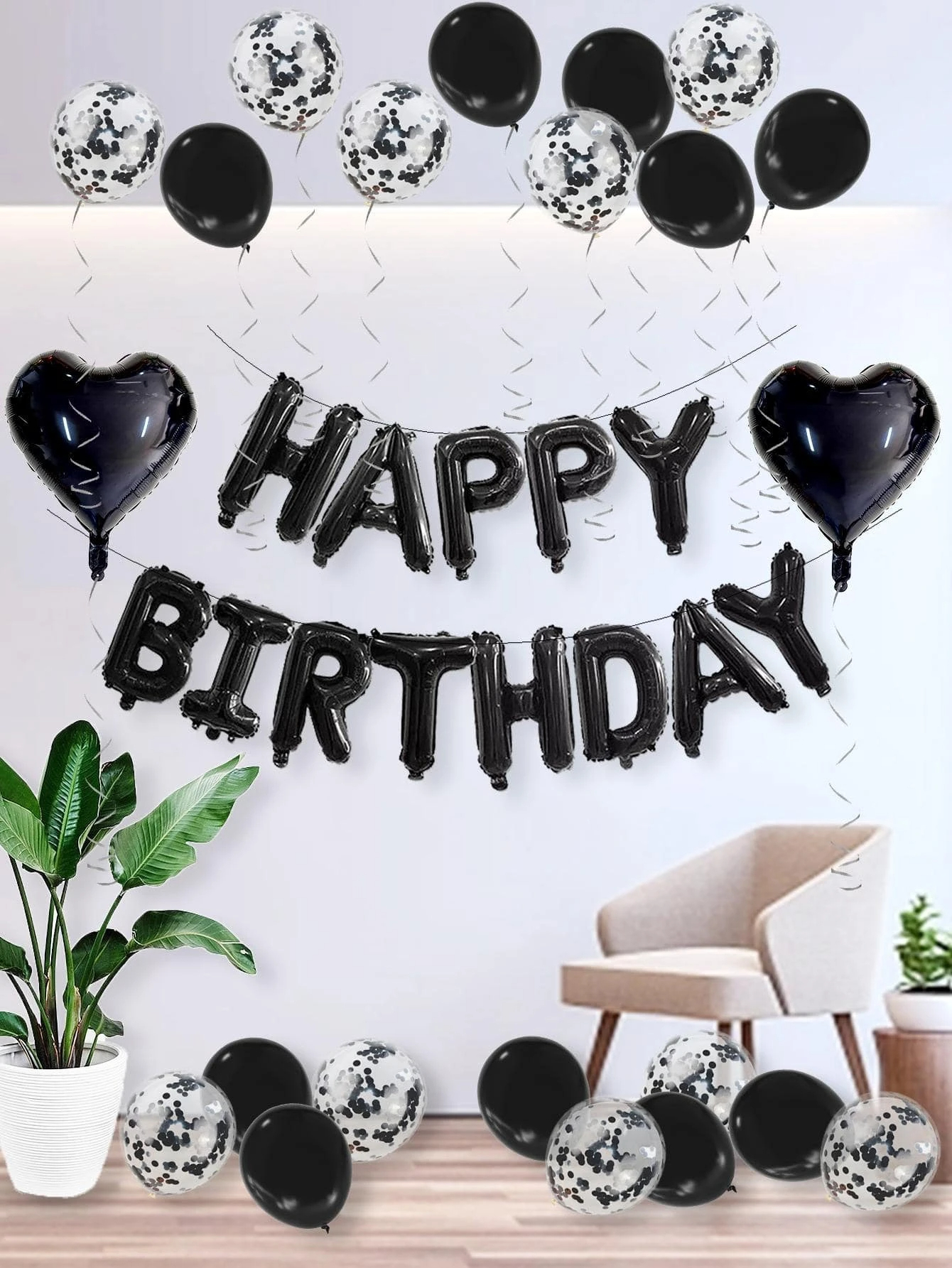 (28-tlg. Set) Happy Birthday Ballon Girlande Party Dekoration Latex- und Folienballons mit Konfetti - Schwarz