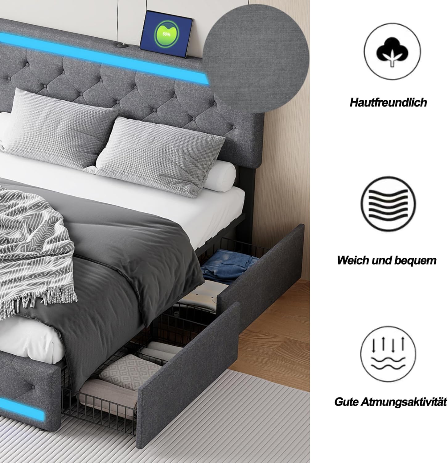 Polsterbett Doppelbett 180x200 cm, Stauraumbett mit 4 Schubladen, Bett 180x200 mit Bettkasten und Lattenrost, LED Kopfteil mit USB Ladestation, Jugendbett Funktionsbett Rückenlehne Bett, Leinen