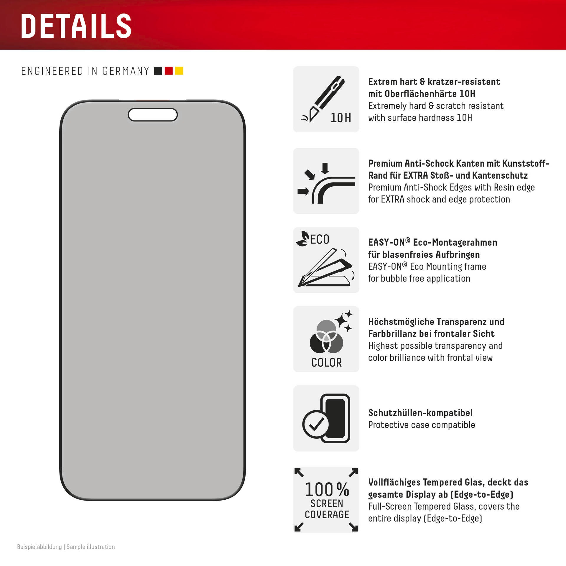 Displex Displayschutzglas »Privacy Glass Screen Protector« für Apple iPhone 17 Pro Max Displayschutzfolie, Schutzfolie, Bildschirmschutz, kratz- & stossfest