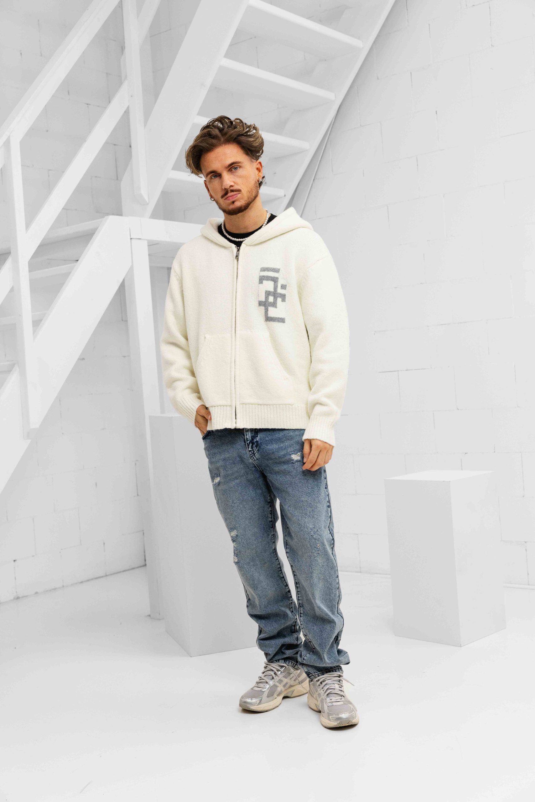 Jorcustom Splittedicon Knit Zipped Hoodie Heren Gebroken Wit