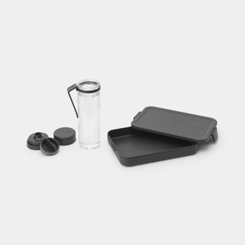 Make & Take Break Set 2-delig, kunststof (waterfles met zeef, lunchbox plat) - Dark Grey