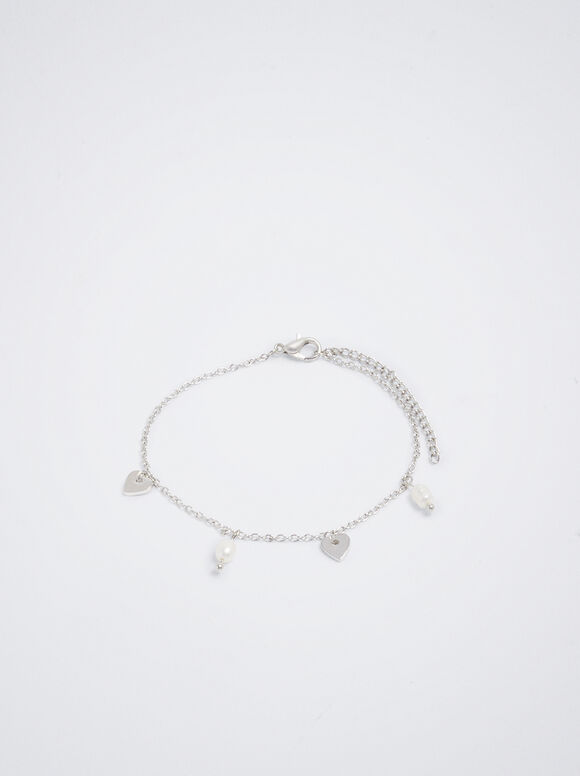 Pulseira com pérola e corações - Prata