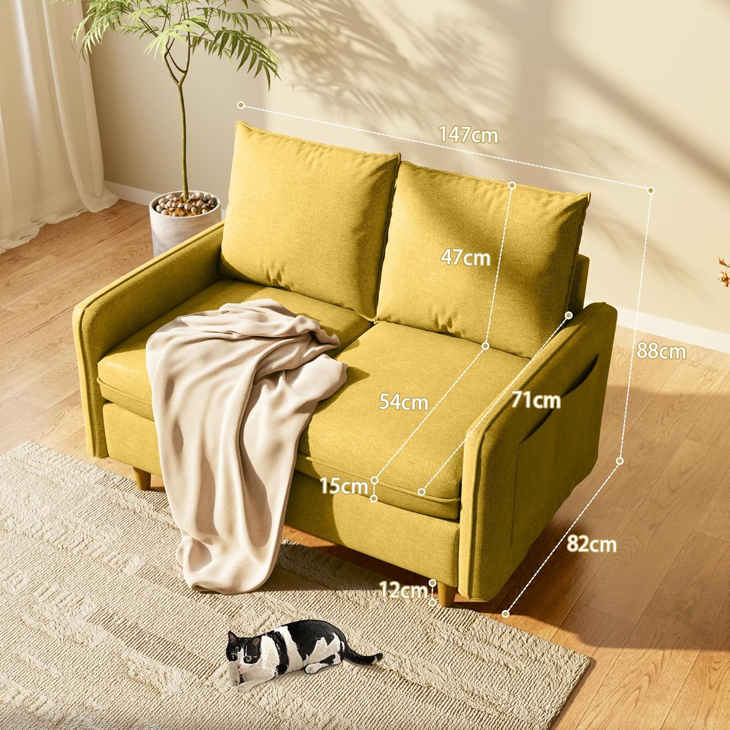 3-Sitzer +2-Sitzer Sofa, Kleines Sofa mit Massivholzbeinen und Seitentaschen, Abnehmbare Bezüge, Kurzplüschstoff Couch für Wohnzimmer, Schlafzimmer, Büro, Wohnung,Gelb (221+147 cm)