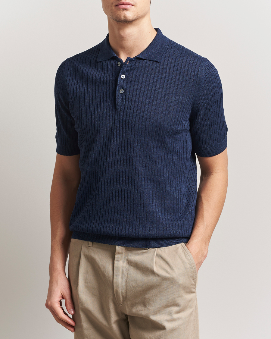 Gran Sasso Linen/Cotton Structured Knitted Polo Navy Melange