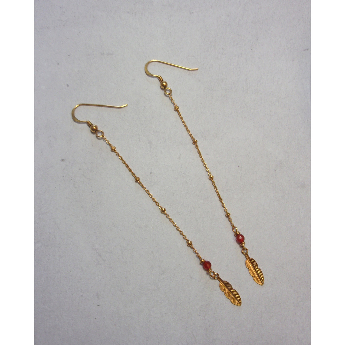Boucles d'Oreille Plumes, Argent 925 Dorée et Cornaline