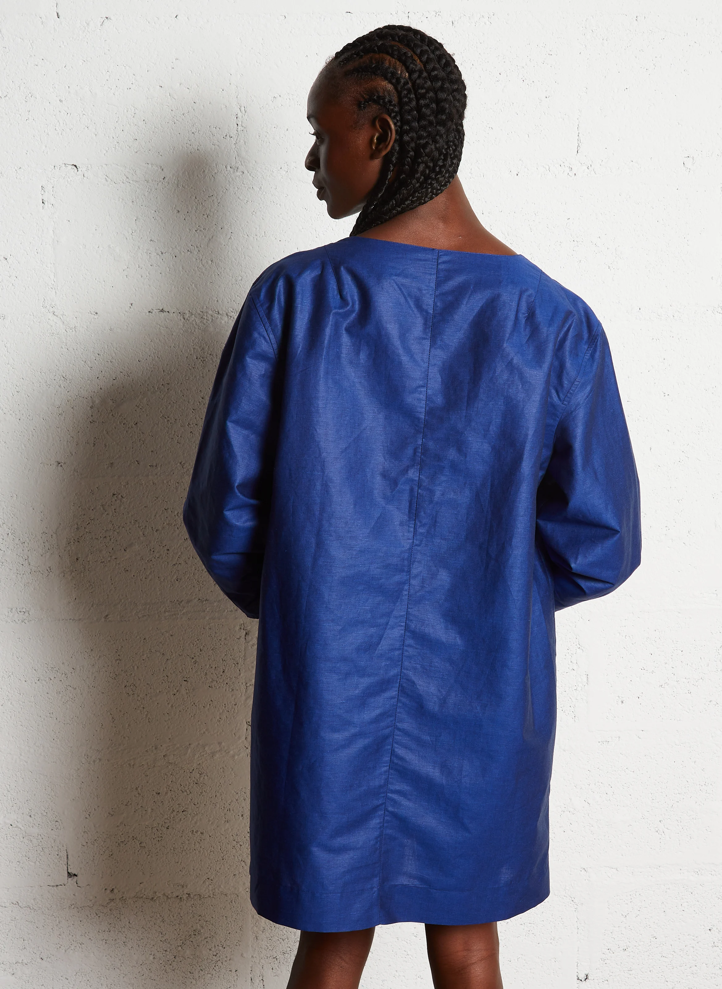 CYBELE - Robe courte ample col tunisien en lin et coton mélangé | Bleu