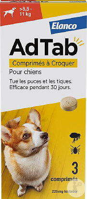 AdTab 225mg Antiparasitaire Interne Chien +5,5-11kg 3 Comprimés À Croquer