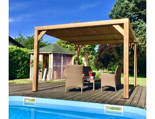 HABRITA - Pergola thermauvent en bois avec vantelles mobiles sur toit