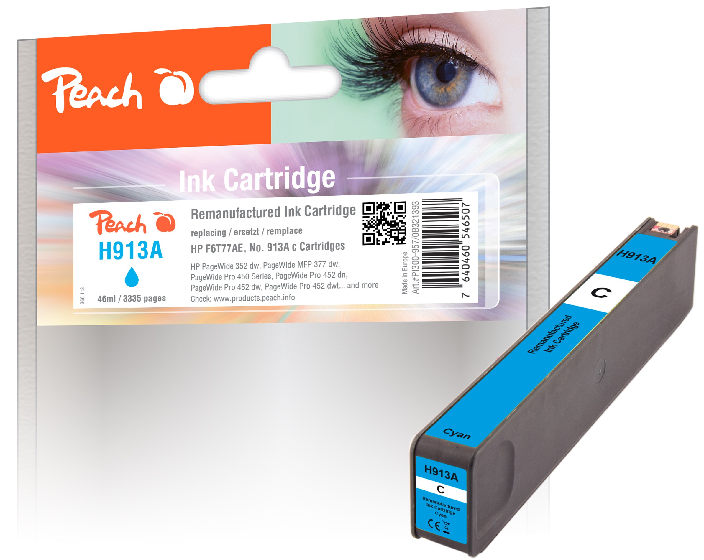Peach HP 913 AC Druckerpatrone cy ersetzt HP No. 913A C, F6T77AE für z.B. HP PageWide 352 dw, HP PageWide Pro 450, HP PageWide Pro 452 dn (wiederaufbereitet)