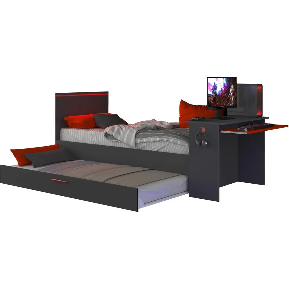 Bed Bzone 90x200 cm met bedlade, bureau en ledverlichting - antraciet