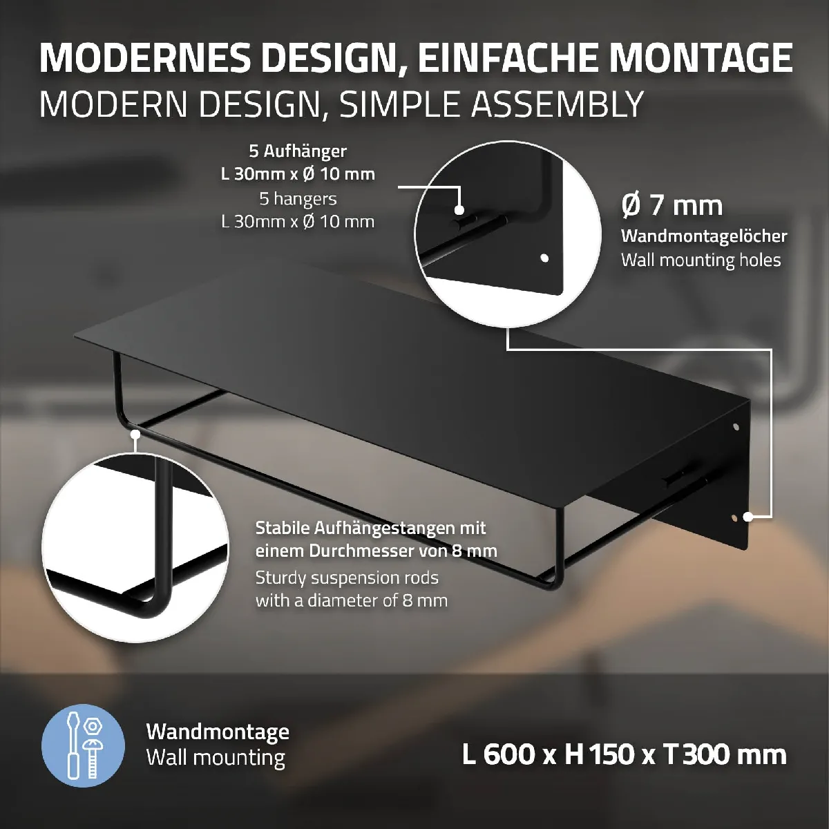 ML-Design Portemanteau mural avec étagère - Noir