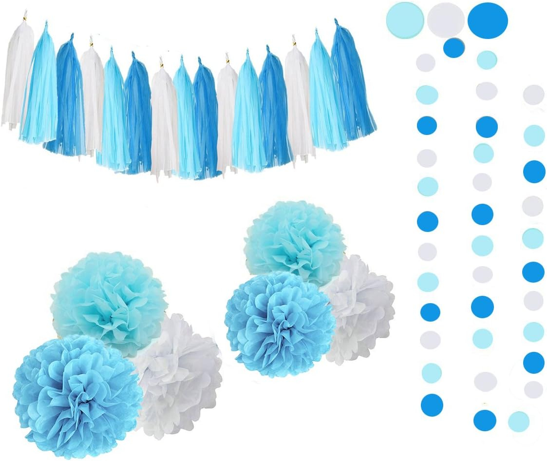 (19-tlg. Set) Happy Birthday Girlande Geburtstags Party Deko   Pompon's / Quasten / Papier Rosetten - Blau / Weiss