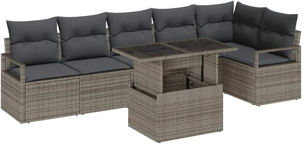 Owox 7-Teiliges Poly-Rattan Ecksofa-Set grau: modulares Lounge-Set mit Tisch, 6-Sitz Gartenmöbel für Balkon & Terrasse