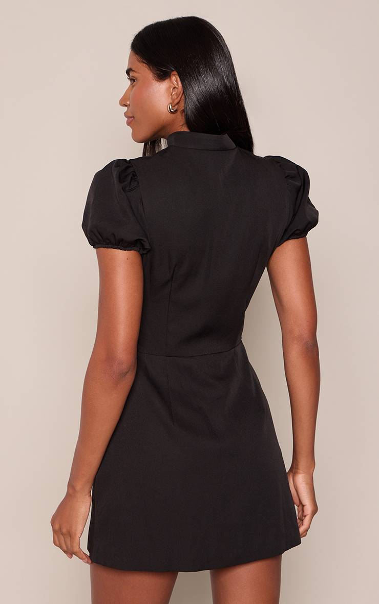 Noir Robe Droite À Manches Bouffantes Et Encolure Goutte D'eau En Tissu Tissé